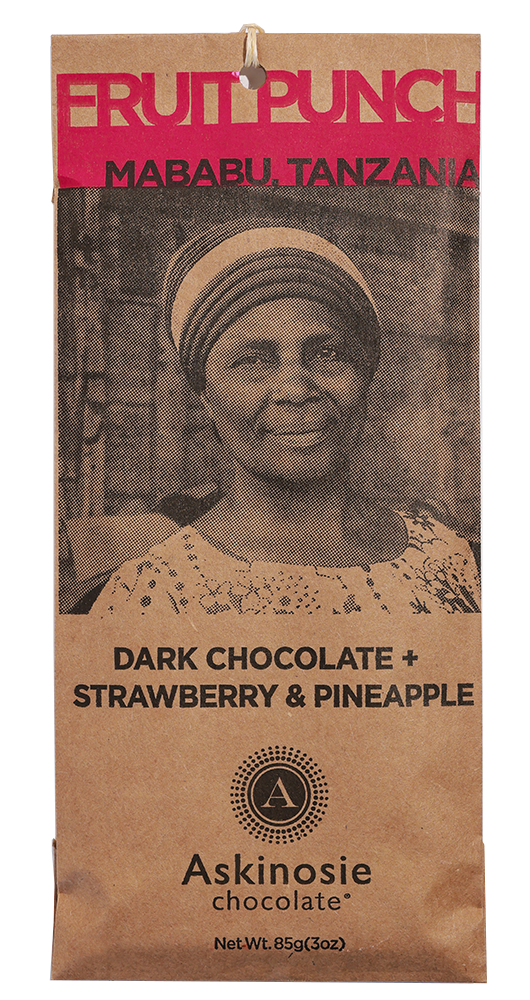 A brown kraft package reads Fruit Punch, Mababu, Tanzania Askinosie Dark Chocolate + Strawberry & Pineapple