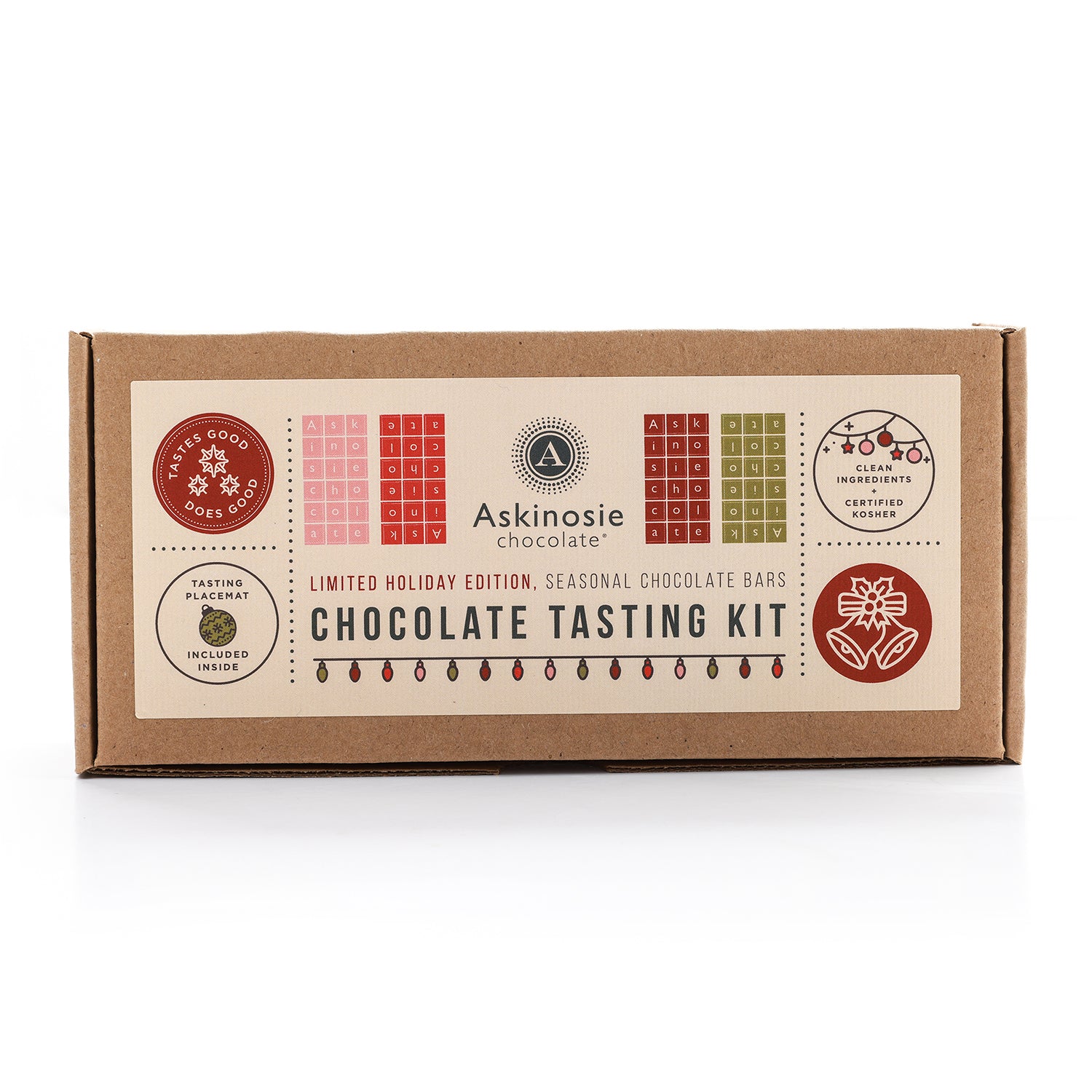 A festive Chocolate Tasting Kit kraft box displayed on a white background