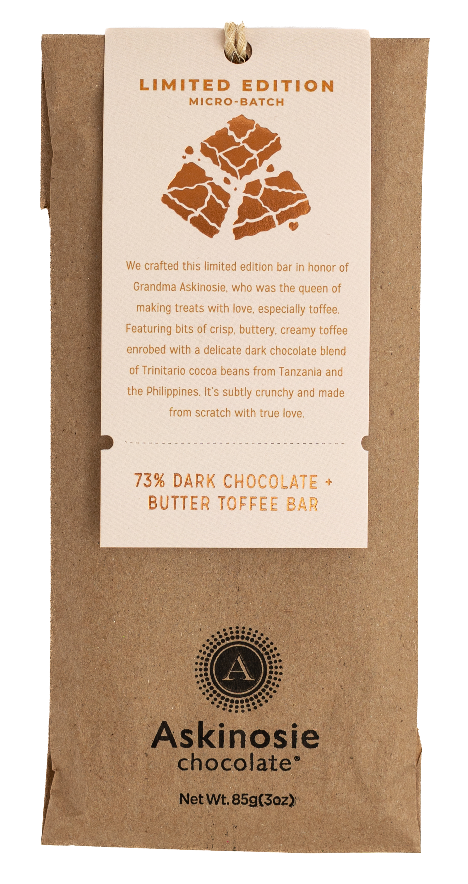 Askinosie Chcoolate 73% Dark Chocolate + Butter Toffee Bar Tag displayed on branded kraft packaging