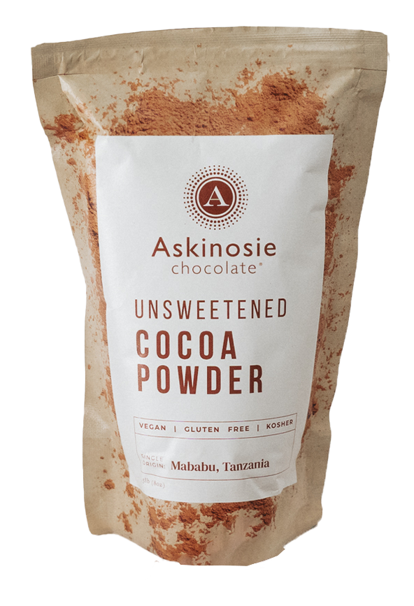 Pouch of Askinosie Chocolate unsweetened cocoa powder on a white background