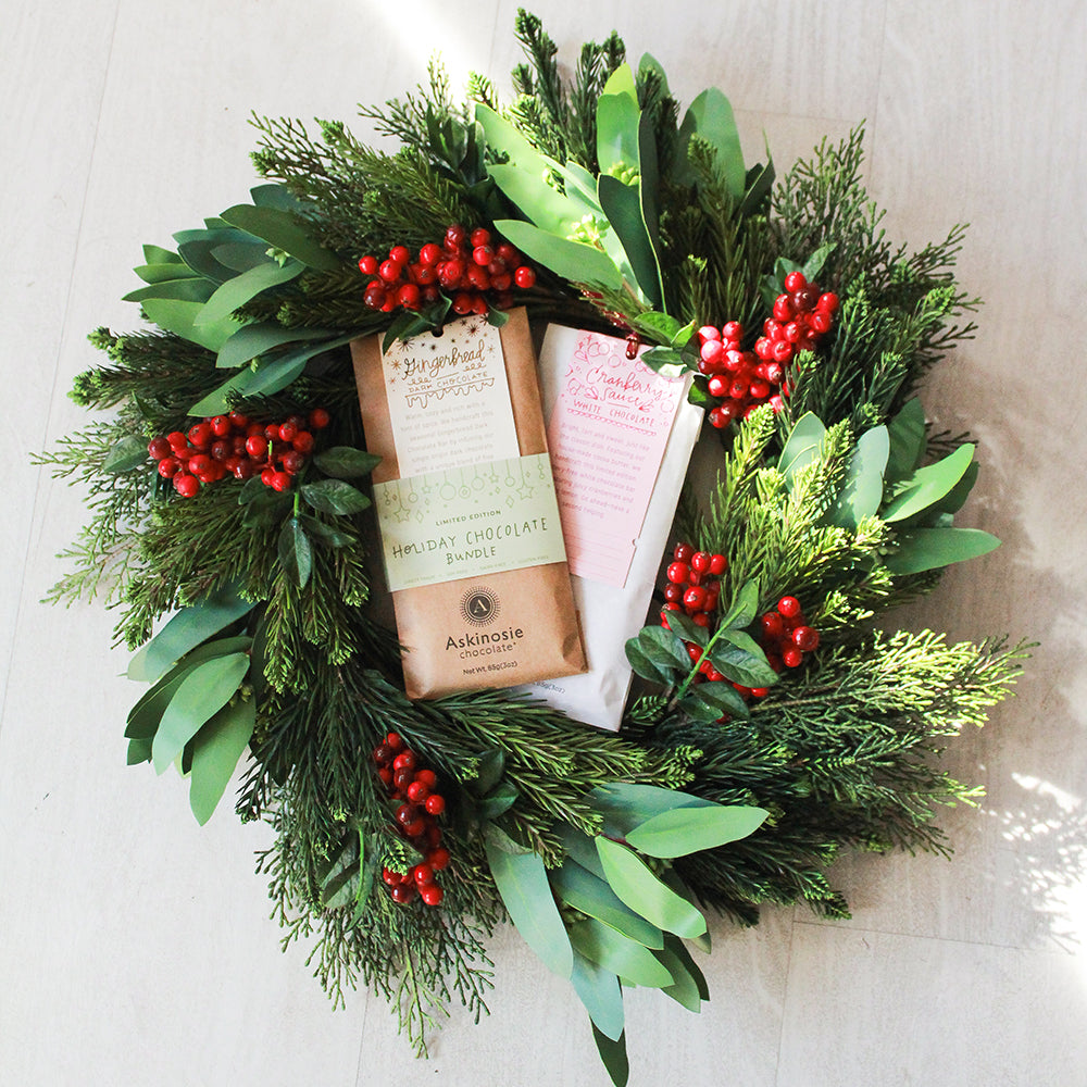 Holiday Chocolate Bundle nestled inside a festive holiday wreath