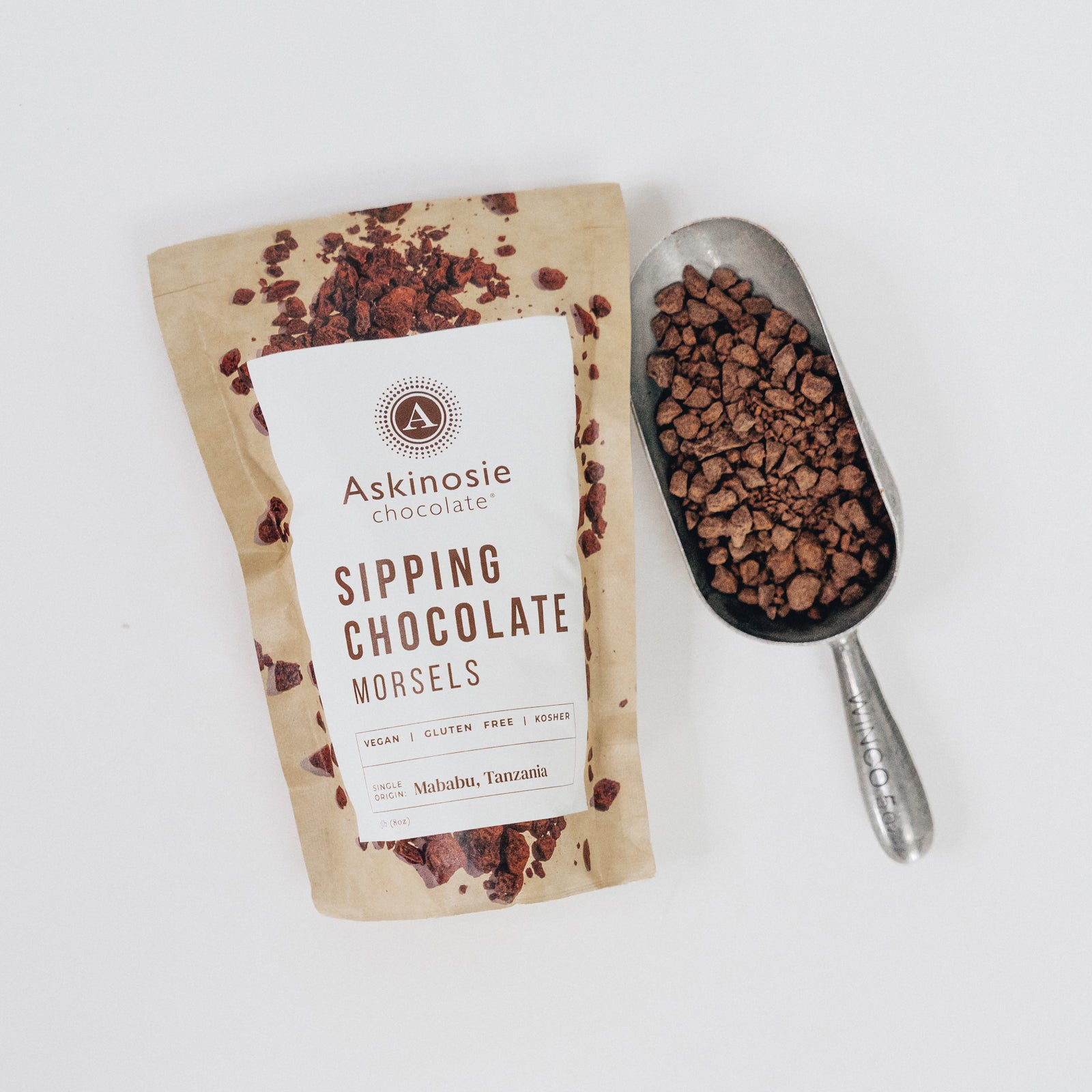 Kraft Pouch of Sipping Chocolate Morsels on a white background