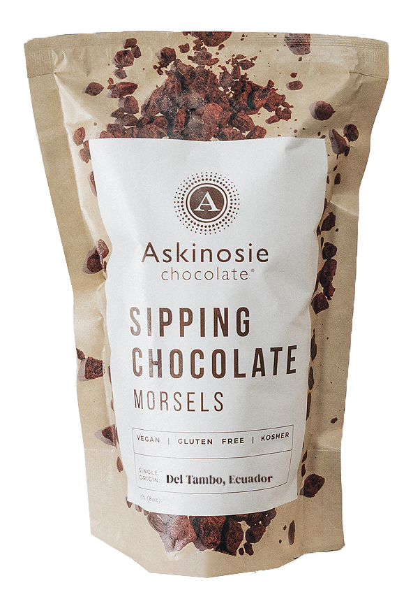 Kraft pouch filled with morsels of dark chocolate