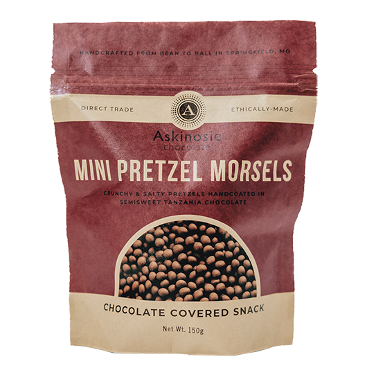 Pouch of Askinosie Chocolate Covered Pretzel Morsels