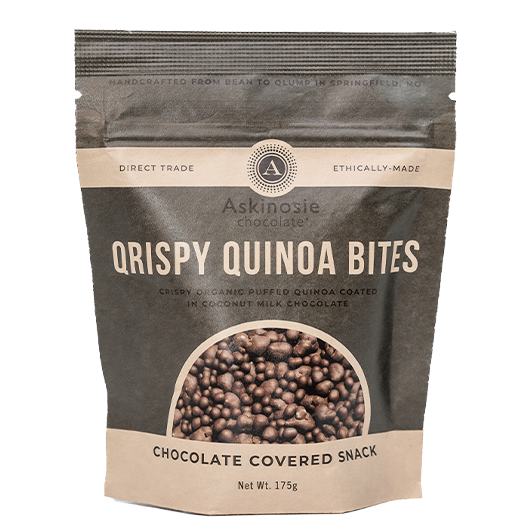 Pouch of Askinosie Chocolate Covered Quinoa Bites